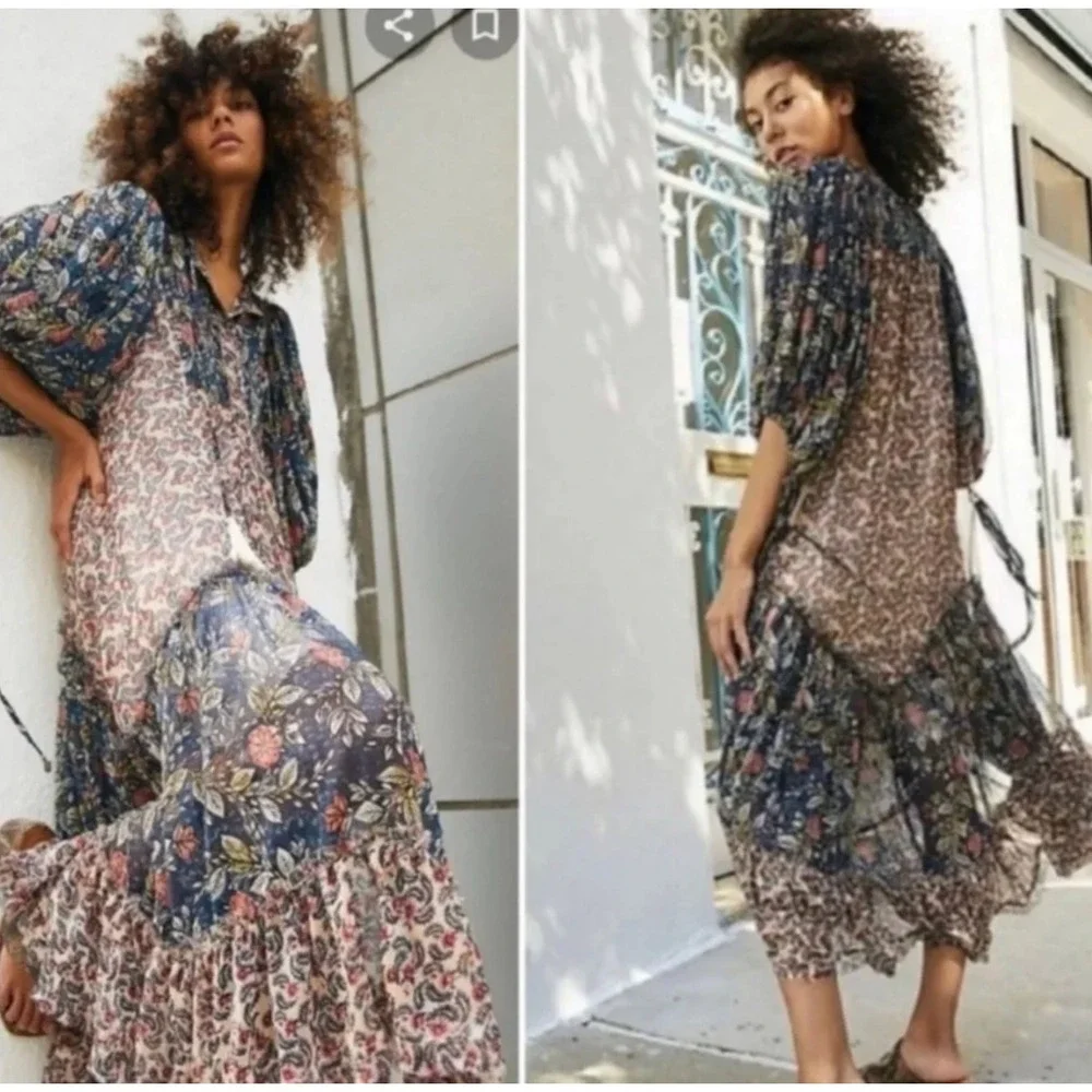 Free People Estelle Floral Paisley Mixed Print Maxi Dress Large L Tassels Boho